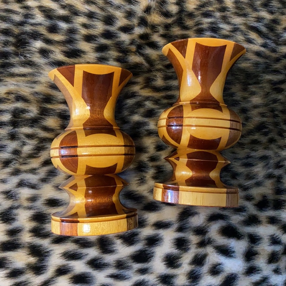 💎VERY RARE💎2 Vintage TRUE MCM Inlaid Turned Wood Taper Candleholders